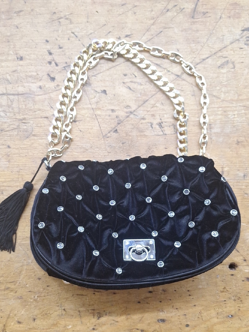 Twiggy London Black Quilted Velvet Bag with Gold Chain And Rhinestone Accents
